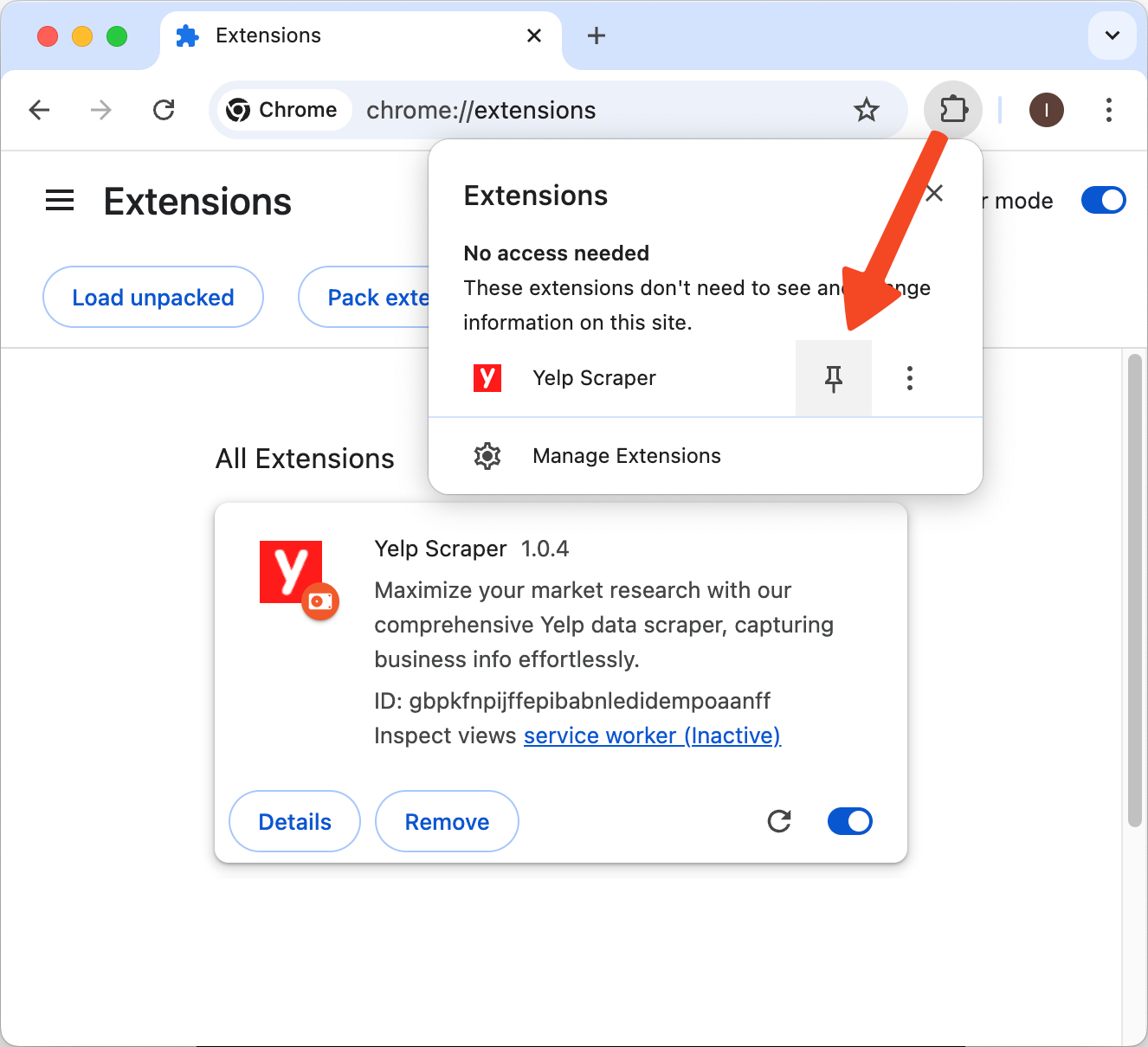 Pin the extension